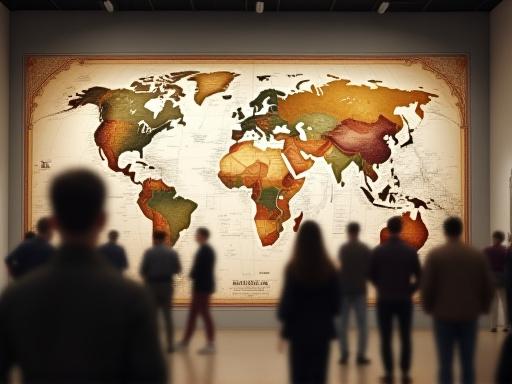 Un gran mapa mural exhibido en una sala de museo con personas observándolo.